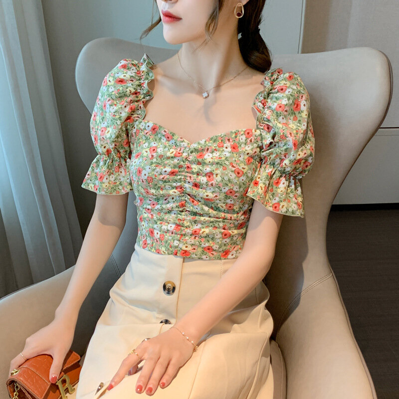 Blusa ceñida informal con estampado Floral para mujer, camisa elástica con manga abombada, cuello en V, elegante, para ocio