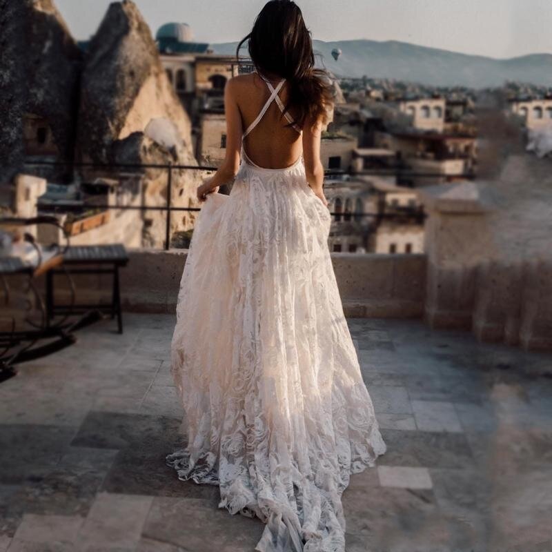 Sexy Boho Wedding Dresses Beach Lace Elegant Long Train Side Split Backless Spaghetti Straps Bridal Gowns Vestido De Novia 2024