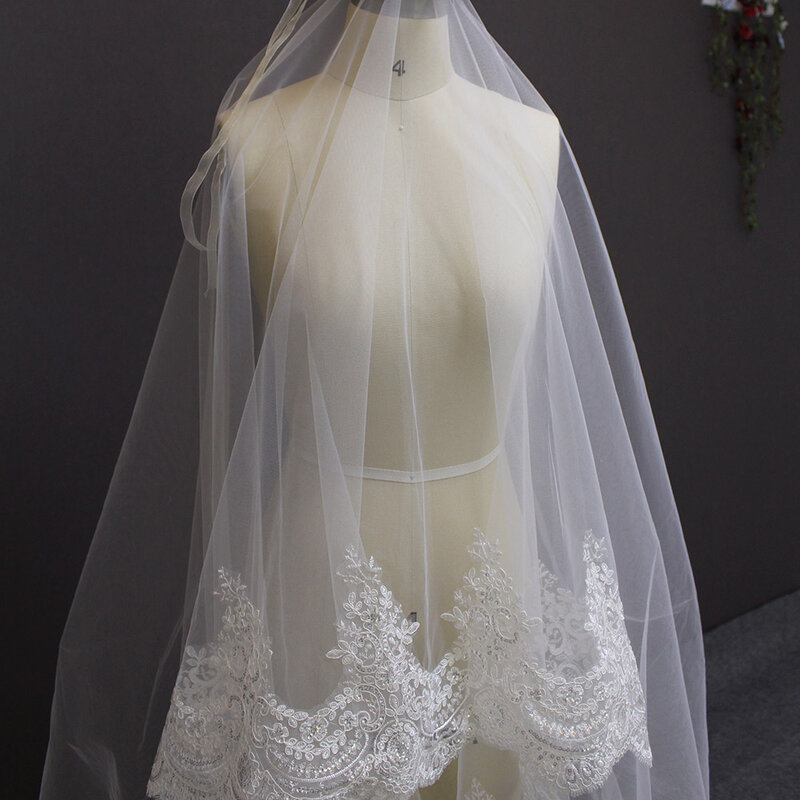 No Comb Wedding Veil Full Edge with Lace Bling Sequins 4 M One Tier Lace Bridal Veil Long Veil for Bride Wedding Accessories