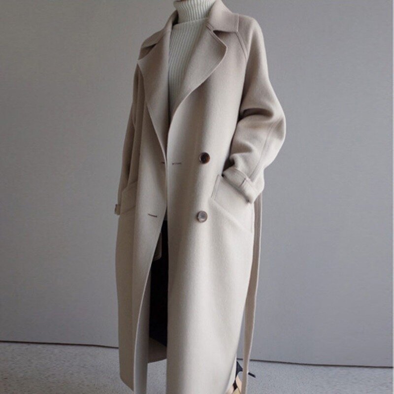 ฤดูหนาวBeige Elegant Wool Blendผู้หญิงเกาหลีแฟชั่นสีดำยาวเสื้อโค้ทVintage Minimalistเสื้อกันหนาวCamel Oversize Outwear
