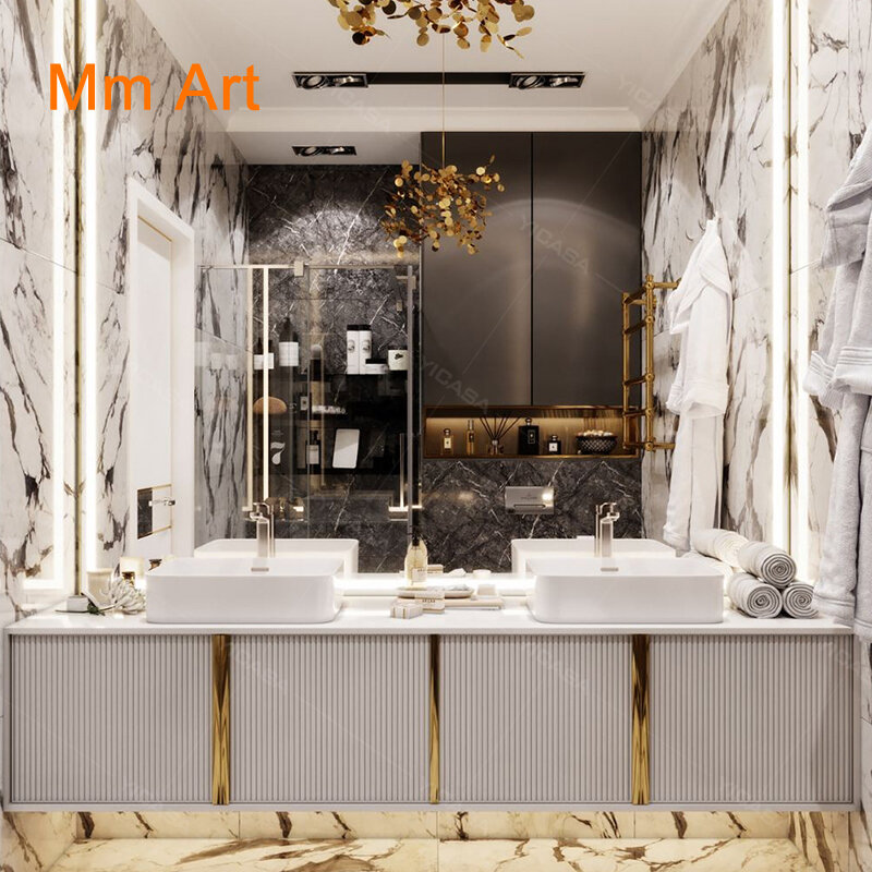 Tocador de baño de madera maciza con lavabos, estilo clásico elegante, 48 pulgadas, 1 Juego