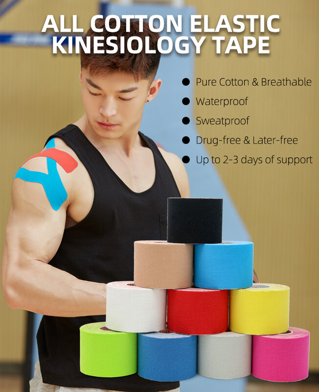 Kindmax Pita Kinesiologi Katun 5Cm * 5M, Bantalan Lutut untuk Olahraga Kebugaran, Perban Atletik Elastis untuk Otot