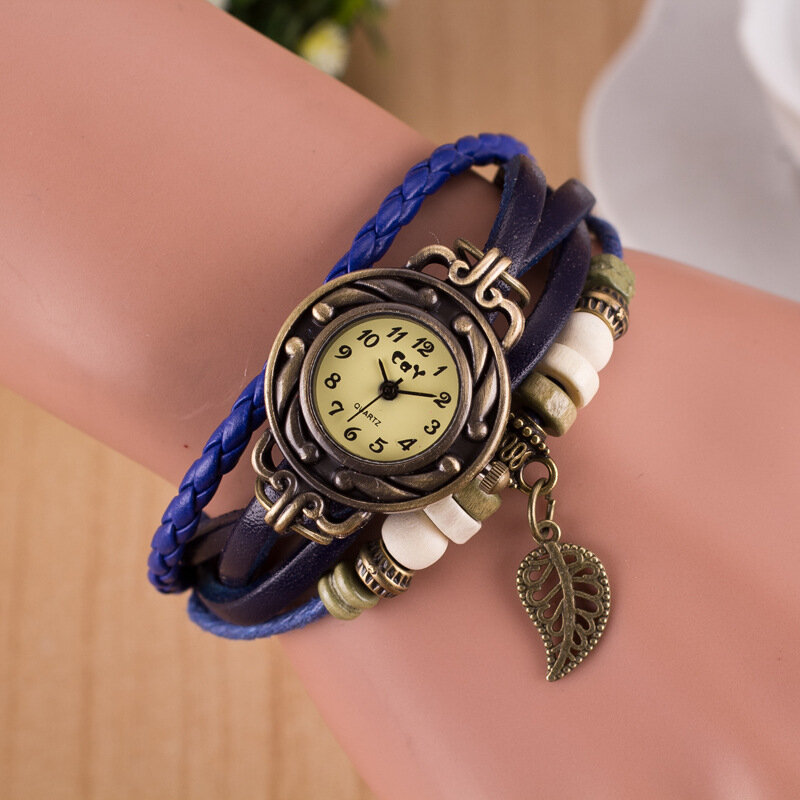 Reloj Vintage de cuero genuino para mujer, pulsera de cuarzo con hojas, elegante, a la moda