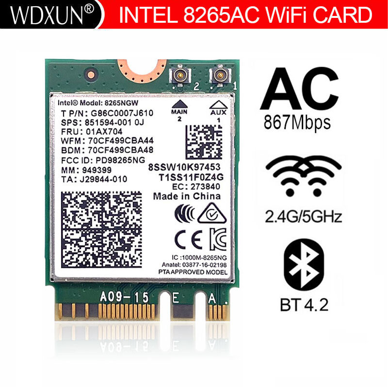 Tarjeta Wifi NGFF M.2, dispositivo inalámbrico de banda Dual AC 8265 Intel 8265HMW 2,4G/5G 802.11ac 867Mbps Bluetooth 4,2 8265AC 2x2 MU-MIMO