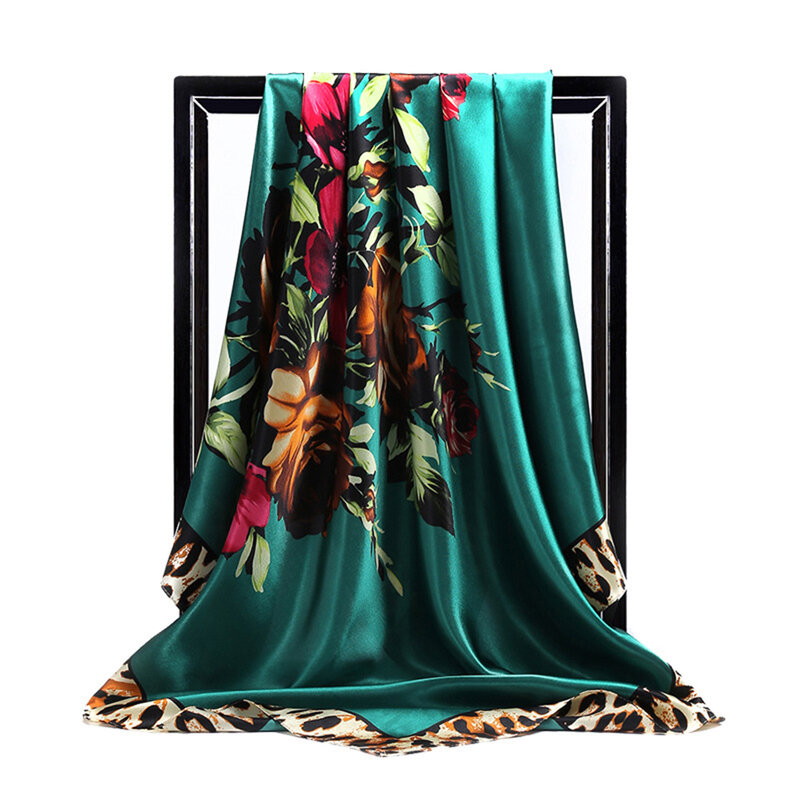 Bufanda de seda de lujo para mujer, pañuelo cuadrado con estampado de leopardo y flores, tipo Hijab, de satén, 90x90cm