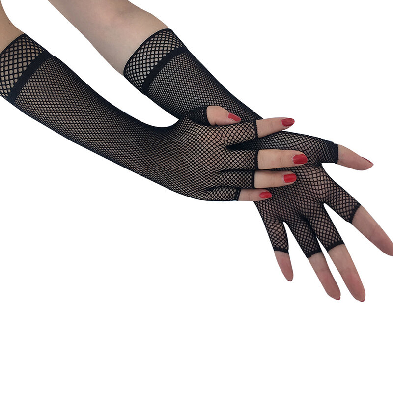 Перчатки женские сетчатые, пикантные ажурные перчатки по локоть с дырками, перчатки без пальцев, танцевальный костюм в стиле диско, панк, готические, перчатки-сетка