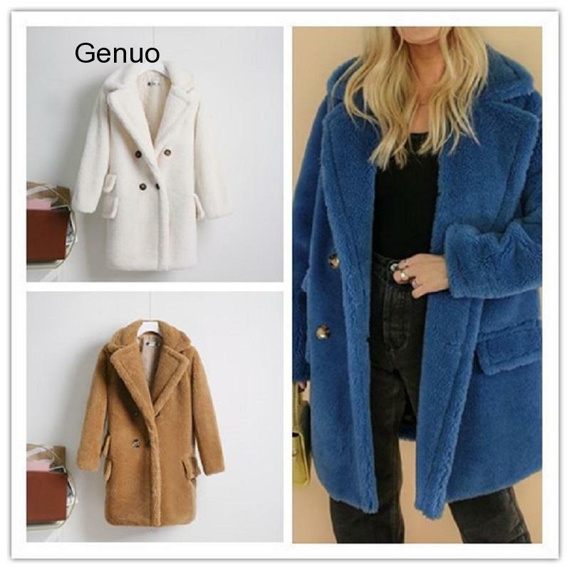 Abrigos gruesos de felpa para mujer, abrigo cálido de piel sintética, chaquetas holgadas con doble botonadura y bolsillos, invierno, 2020