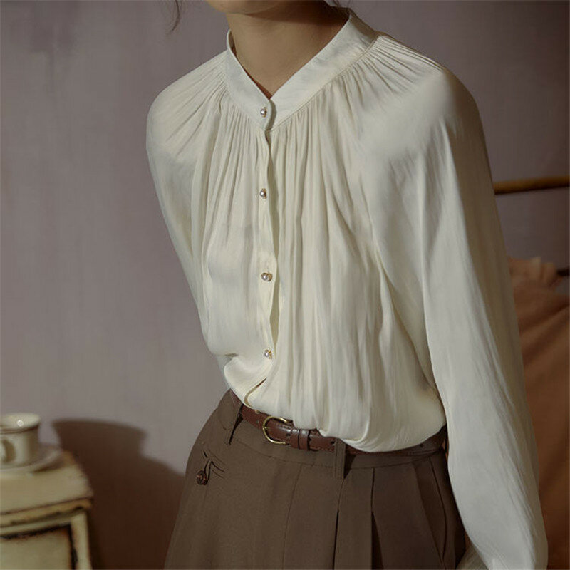 Chemisier en Satin plissé pour femmes, chemise à manches longues, Vintage, blanc, lanterne, été, automne, ample, bureau, dames