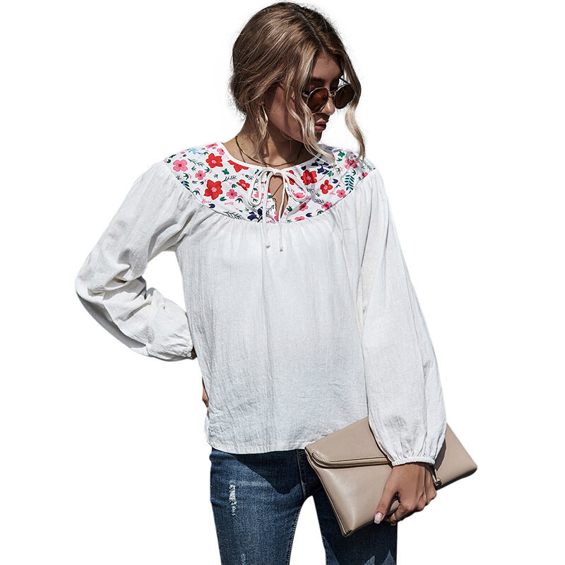 Bluzka damska jesień bawełniana pościel wyszywany Top luźna w stylu Retro koszula z długim rękawem moda damska Slim Fit O-Neck odzież damska
