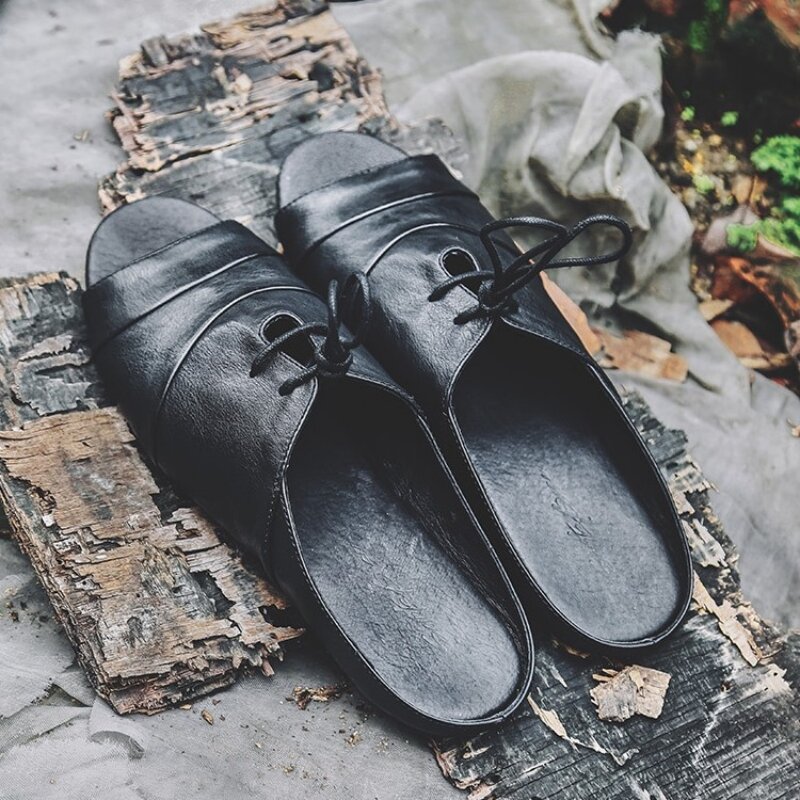 Genuíno 2021 moda inglaterra vintage chinelos de couro dos homens verão roma dedo do pé aberto sapatos preto deslizamento em sandálias planas calçados casuais