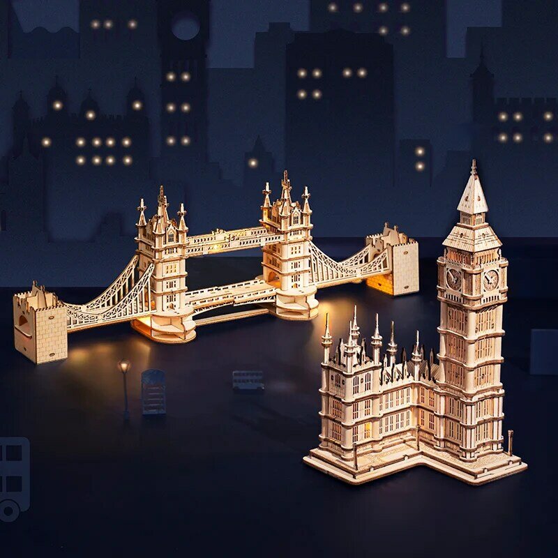 Robotime Wooden Puzzle Game DIY 3D Tower Bridge,Big Ben,Famous Building Assembly Toy Gift for Children Teen Adult