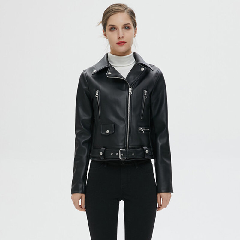 Novas mulheres outono inverno preto falso jaquetas de couro com zíper casaco básico turn-down colarinho motociclista jaqueta com cinto