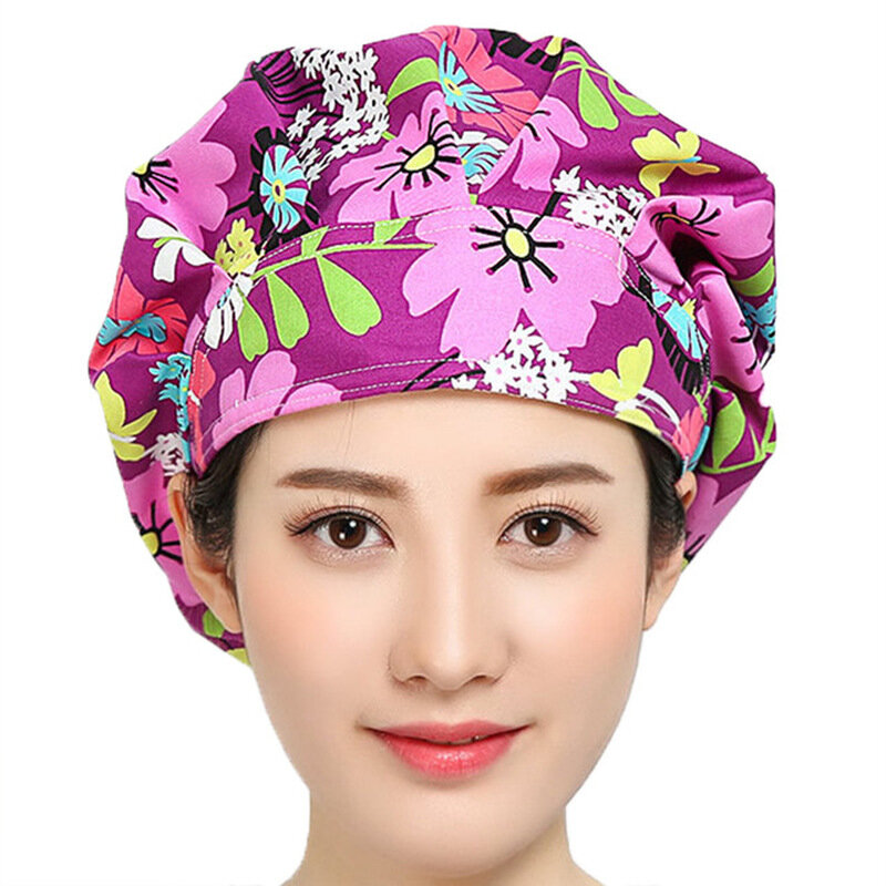 여자를위한 스크럽 모자 헤어 커버 꽃 인쇄 조절 Sweatband Bouffant 모자 코튼 모자 작업복