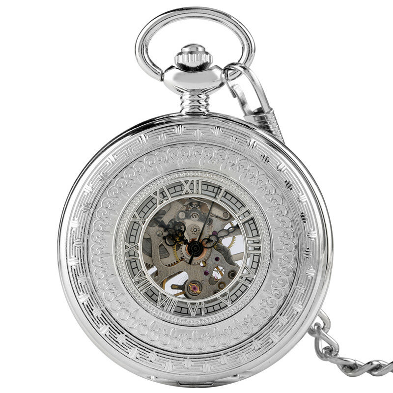 الفاخرة الفضة الميكانيكية ساعة الجيب للجنسين اليد لف الأرقام الرومانية عرض قلادة سلسلة الهيكل العظمي ساعة تذكارية الهدايا