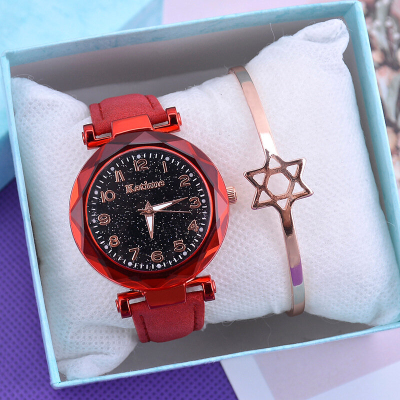 Relógio de pulso feminino de ouro roxo, relógio de pulso estrelado com fivela magnética elegante e luxuosa, novo, 2020