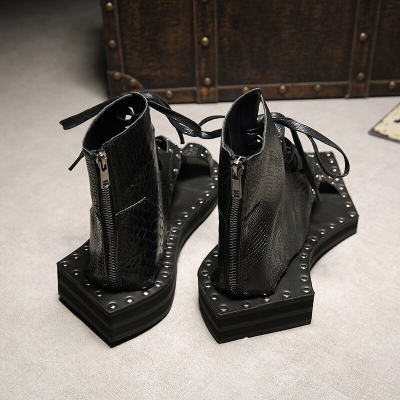 2019 design pista de couro genuíno snakeskin sandálias casuais rendas até sandálias gladiador do vintage forma geométrica sola dos homens sapatos
