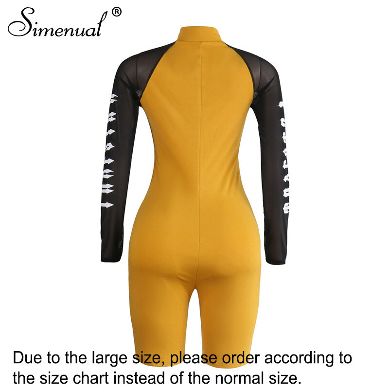 Simenual Mesh Patchwork Fitness Workout Rompers Womens Jumpsuits Letter Print Long Sleeve Zipper Active Wear Biker Playsuits Hot