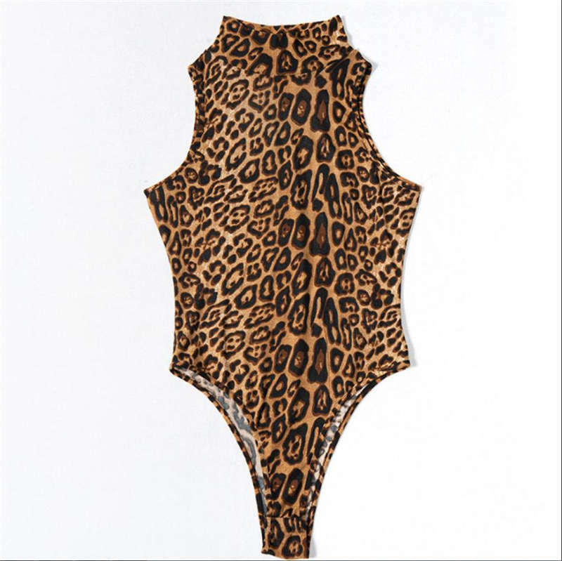 Модное леопардовое облегающее летнее Боди без рукавов с высоким воротом, женские сексуальные уличные боди