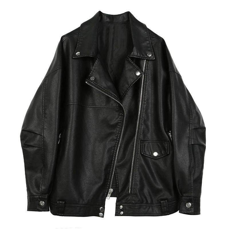Jaqueta de couro preto feminina, jaqueta de couro solta com zíper moda coreana y2k chic, quente, casaco harajuku 2021