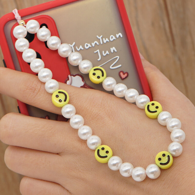 Kissme-Cuentas coloridas de arcilla polimérica, Heishi, correas para teléfonos móviles, accesorio de cadena, pulsera larga con dijes, cordón Pastel