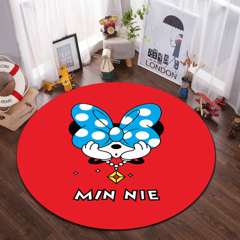 Round Play Mat 100x100cm Girls Red Minnie Rug Bedroom Children Carpet Anti-Slip Bathroom Carpet Absorb Water Kitchen Mat/Rug