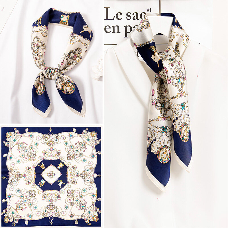 Lenço de cabeça quadrado de seda natural, 65x65cm, impressão azul, foulard, seda pura, pequena, bandana, lenço quadrado, lenço de cabelo