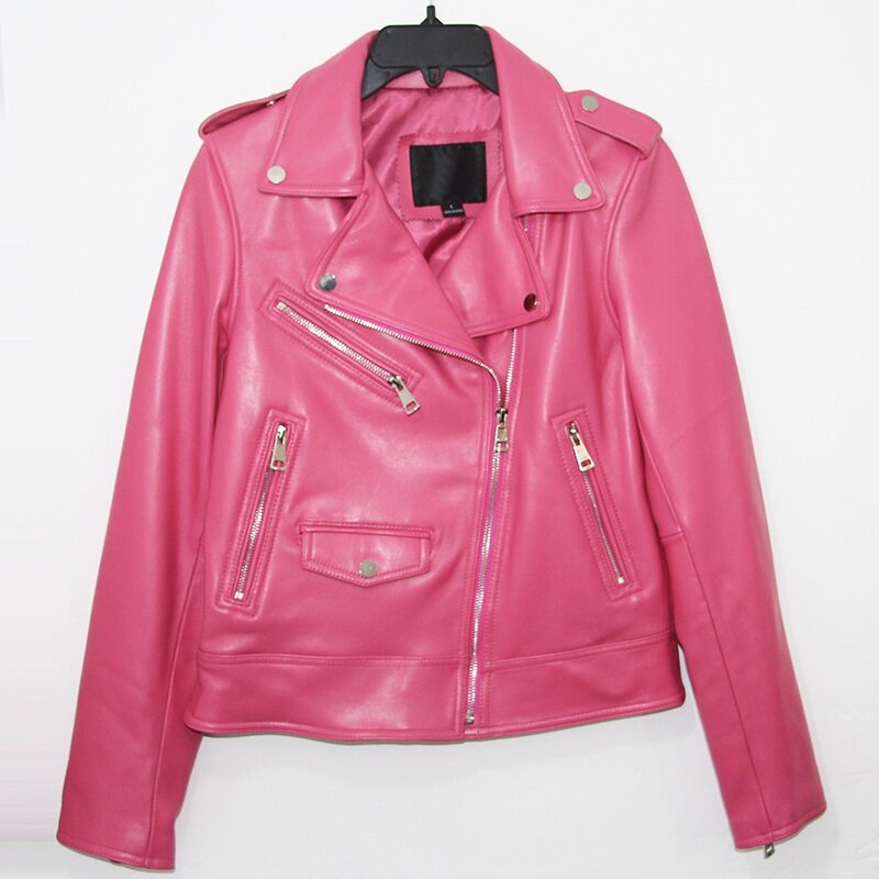 Verzending, Kwaliteit Vrouw Gratis Roze Nieuwe Lederen Slanke Jacket.mo Tor Biker Vrouwelijke Schapenvacht Jas Merk Suede Cool