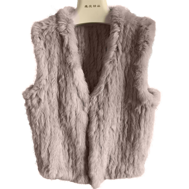 Chaleco de piel de conejo para mujer, abrigo de piel auténtica tejido a mano con cuello en V, informal, novedad de 2020
