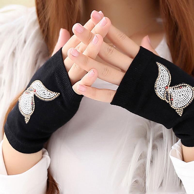 Women's Half Finger Hand Warmer Fingerless Mittens Sparkling Knitted Gloves Winter Black Rhinestone