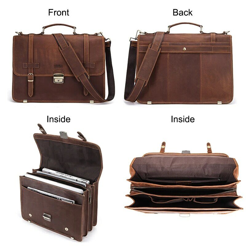 CONTACT'S Men's Bag Crazy Horse Leather Briefcase Men Business Bag For 14" Laptop Quality Leather Shoulder Messenger Bags Male