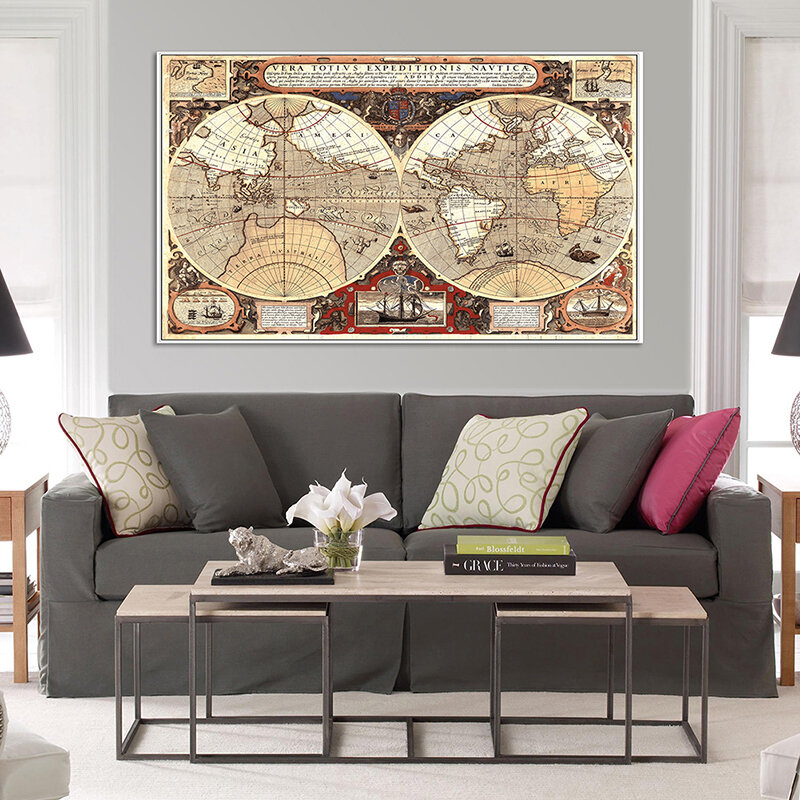 Póster del mapa del mundo de 150x90cm, lienzo no tejido, pintura, arte de pared, decoración para sala de estar, oficina, suministros escolares