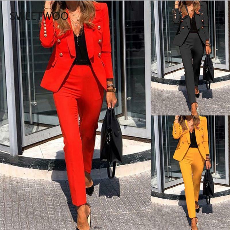2021 Women Fashion Solid Color Blazer Elastic Pants Suit Office Lady Slim Elegant Pants Set Red All Match Commute Casual Wear