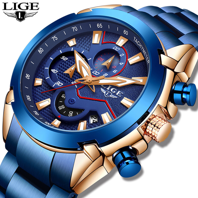 LIGE modne niebieskie zegarki męskie luksusowe zegarki kwarcowe ze stali nierdzewnej wodoodporny chronograf sportowy zegarek męski zegar Relojes