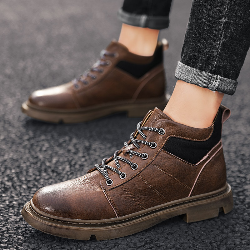 Zapatos de moda de estilo 2019 para hombre, zapatos casuales de cuero genuino, hombre, marrón, caqui, negro, con cordones, zapatos cómodos para hombre