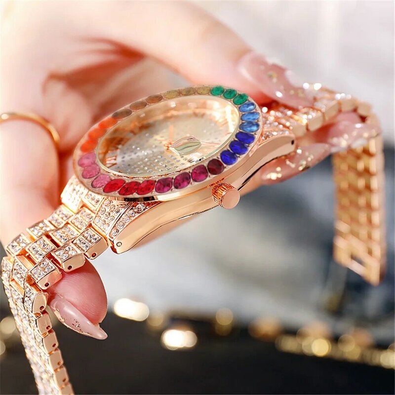 Montre de luxe pour femmes, avec Bracelet en diamant, Quartz, cristal, décontracté, à la mode