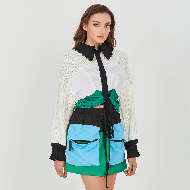 Женская Лоскутная куртка TWOTWINSTYLE, винтажная короткая куртка с отложным воротником и длинным рукавом, осень 2020