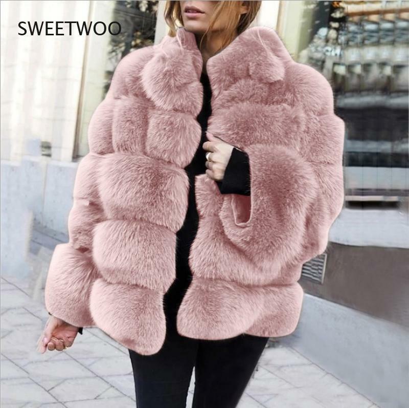 S-4Xl 밍크 코트 여성 2021 겨울 탑 패션 핑크 가짜 모피 코트 우아한 두꺼운 따뜻한 겉옷 가짜 모피 여성 자 켓