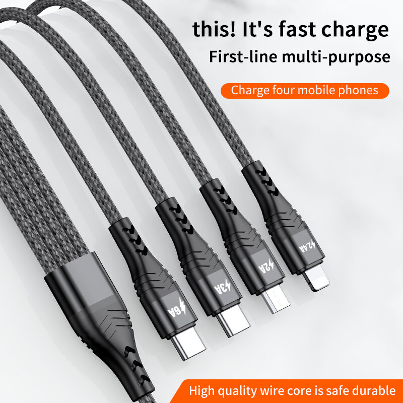 Cable USB de carga rápida 4 en 1 para iPhone, Cable de datos Micro USB C para Xiaomi, Samsung, OPPO, Huawei, 13, 12, 11, 6A, 66W