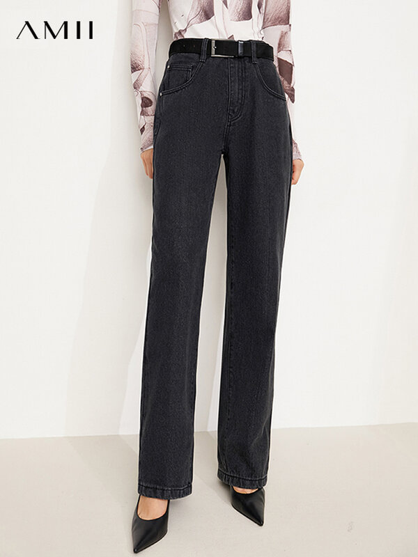 Amii-Jeans largos largos de cintura alta feminino, calça jeans vintage, streetwear casual, minimalismo, outono, 12170461