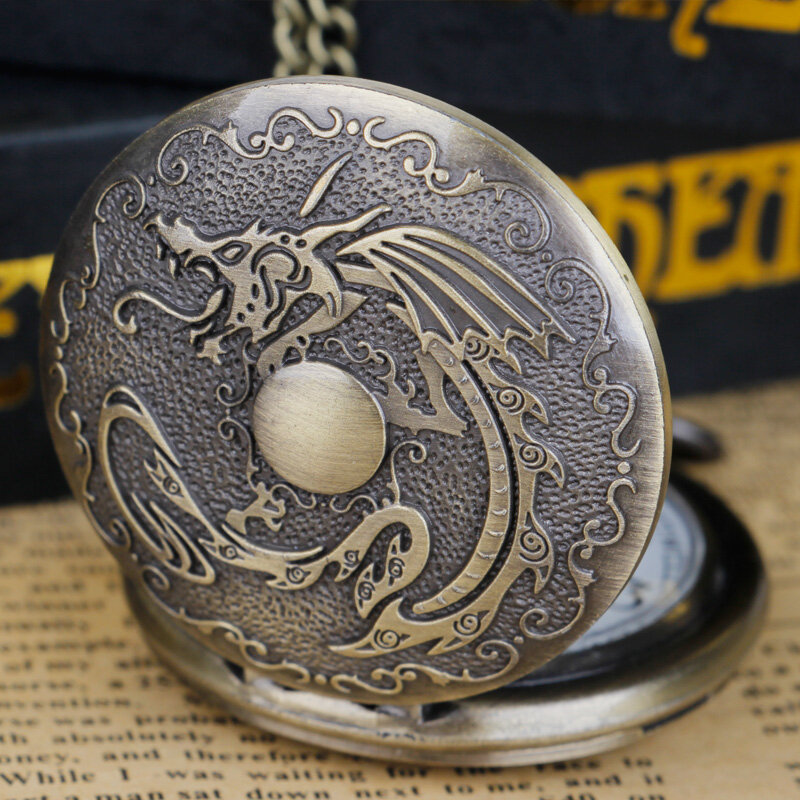 Reloj de bolsillo de cuarzo y bronce con diseño de dragón chino para hombre y mujer, colgante Retro, regalos