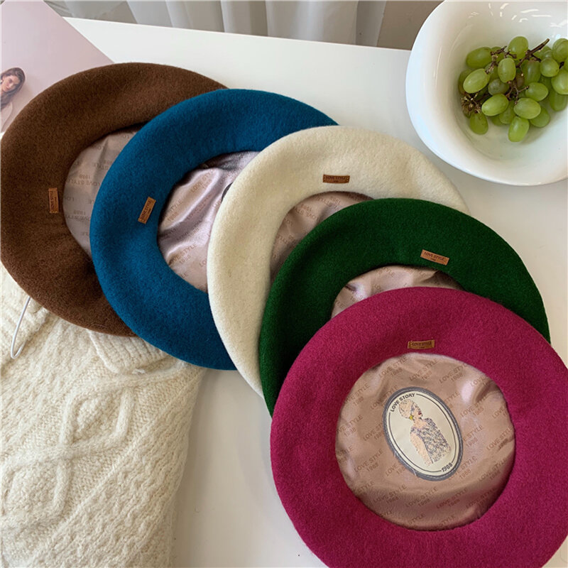Luna & DolDave-Bérets en laine de style britannique pour femmes, modèles sauvages coréens, étiquette en cuir, casquette d'artiste, bonnet de peintre, automne, hiver