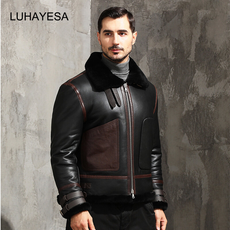 2021 luhayesa garantido real casaco de pele dos homens preto fino inverno casual pele carneiro casacos de pele de couro