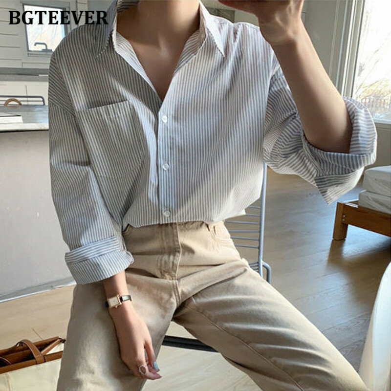 Bgteever blusa feminina listrada vintage, camiseta para mulheres solta com gola turn-down e de manga longa, para primavera 2021