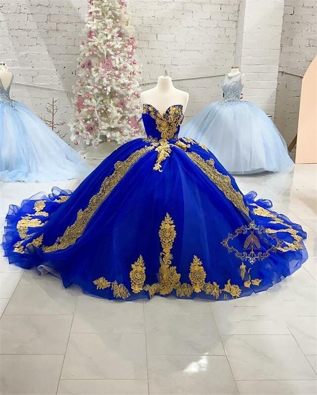 Azul real ouro rendas vestidos de novia quinceanera vestidos querida rendas longo trem vestidos femininos vestido de baile tamanhos grandes