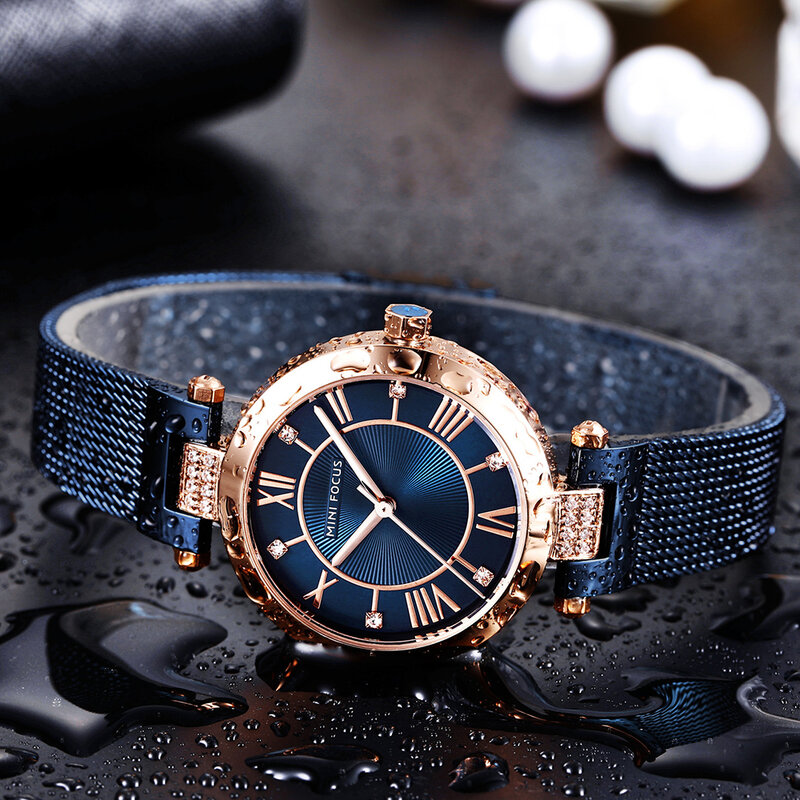 MINI FOCUS Quartz Women Watches Blue Ultra Thin Mesh Strap Clock Crystal Roman Numeral Minimalist Dress Ladies Wristwatches
