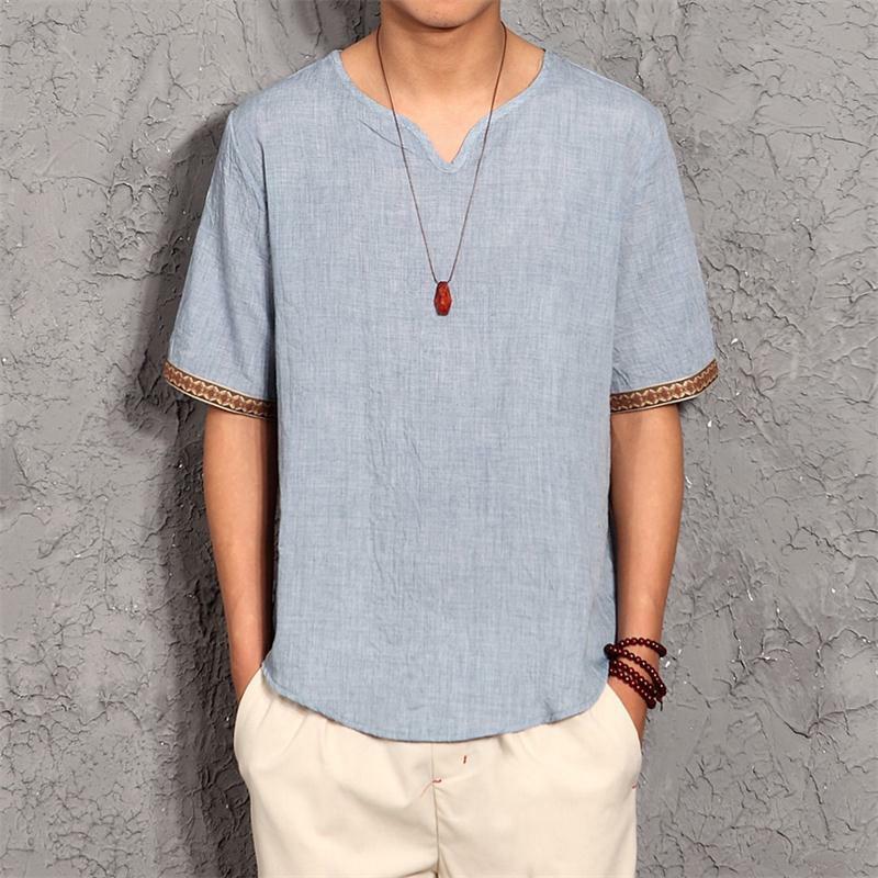 Kaus Ukuran Besar Lengan Pendek Longgar Musim Panas Baru Kaus Retro Tipis Lengan Pendek Pria Linen Gaya Tiongkok