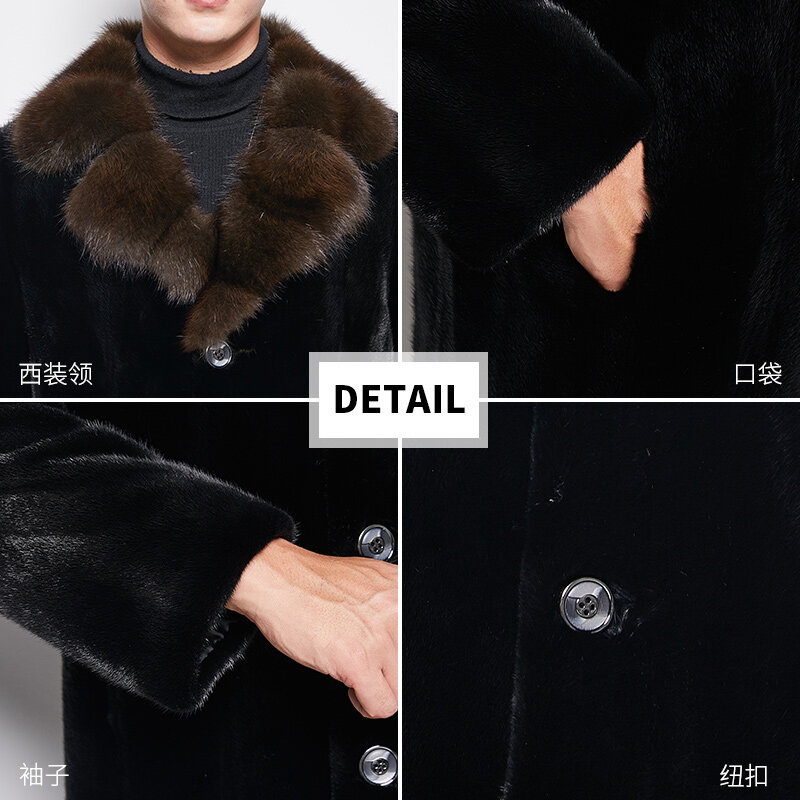 Novo casaco de vison dos homens inverno natural casaco de pele dos homens gola de pele real inteiro vison casacos de pele longa jaqueta de luxo ac020 kj2340