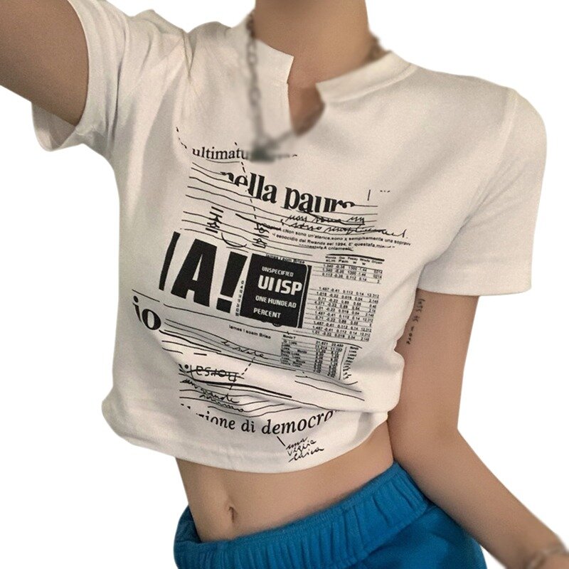 Летняя облегающая футболка с коротким рукавом и открытым пупком, женские футболки с V-образным вырезом и буквенным принтом, удобные топы в К...