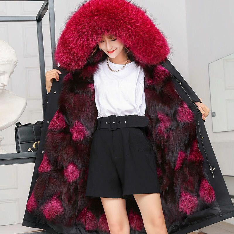 女性のためのキツネの毛皮の裏地付きジャケット,冬の毛皮の裏地,フード付きの自然なアライグマの毛皮のコート,取り外し可能なジャケット