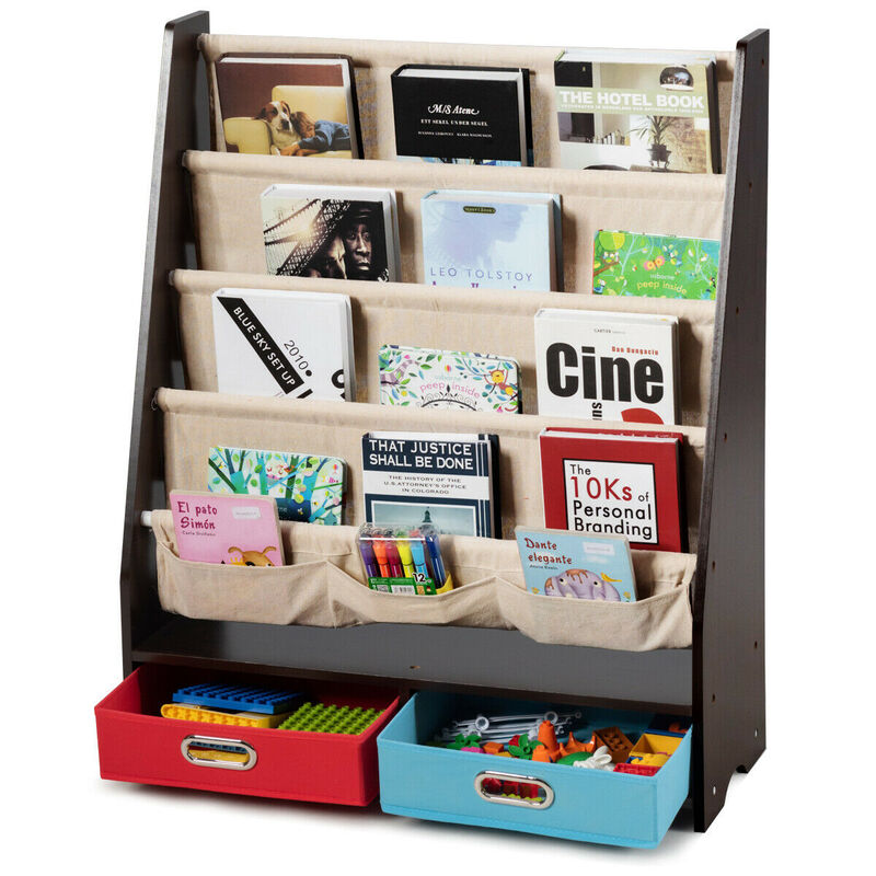 Estante de libros para niños, organizador de juguetes, estantes con 4 eslingas, estantería y 2 cajas Espresso HW65939CF